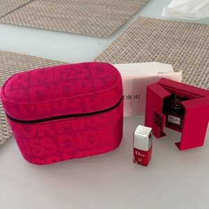 Dior 3pc bundle Fuchsia Cosmetic Case/5ml Essence perfume & mini nail polish